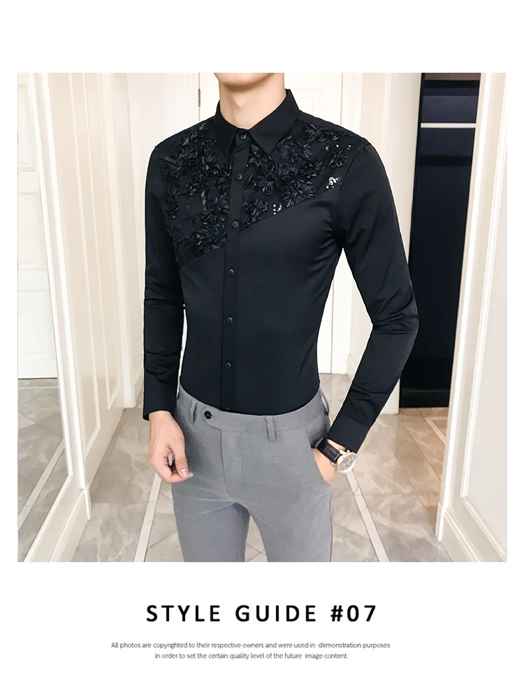 Новые продукты Мужская мода бизнес досуг Бутик Британский отель стиль Солнечный свет кружева сшивание высокое качество рубашка с длинным рукавом