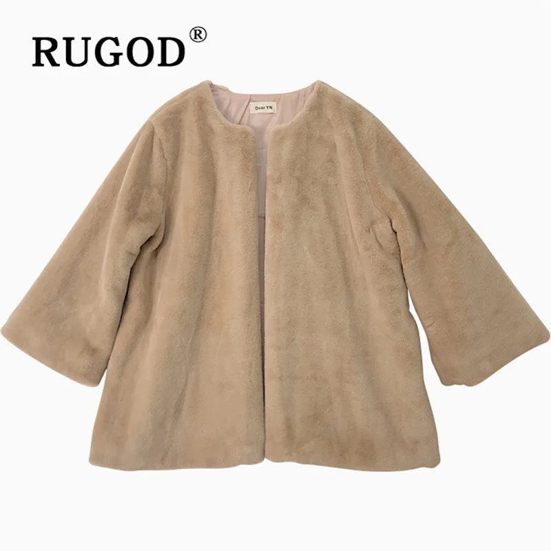 RUGOD, пальто для женщин,, корейский стиль, шикарный, однотонный, Искусственный Кролик, теплые куртки, женские, свободные, повседневные, для девушек, зимнее пальто