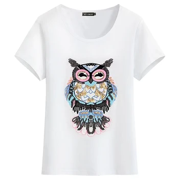 

Summer women's sequin T-shirt new Korean short-sleeved owl sequin T-shirt fashion large size short-sleeved tees women GD279