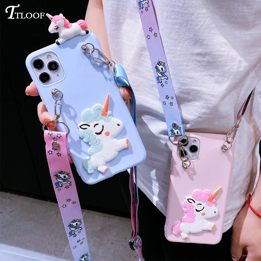 Lanyard Silicone Cover on For iphone 13 12 11 pro Max 12 Mini XR X XS MAX 6 6s 7 8 Plus SE 2020 3D unicorn Soft Phone Case Funda iphone 13 pro max case