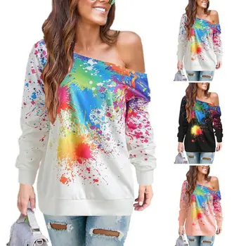 

US Plus Womens Long Sleeve T Shirt Ladies Casual Loose One Shoulder Tops Sweater Spray Paint Female T-Shirt