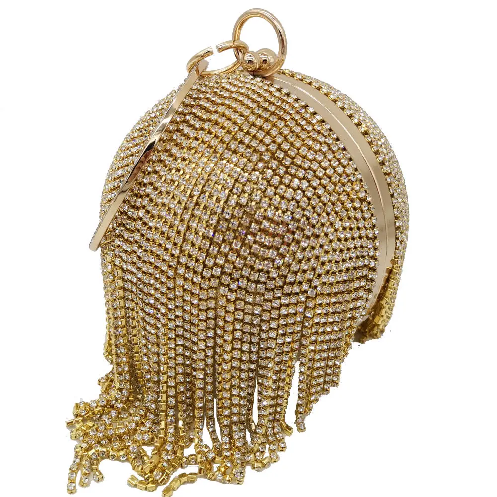 Double Flower Diamonds Tassel Round Women Evening Bags and Clutches Wedding Party Bridal Crystal Clutch Purses and Handbags