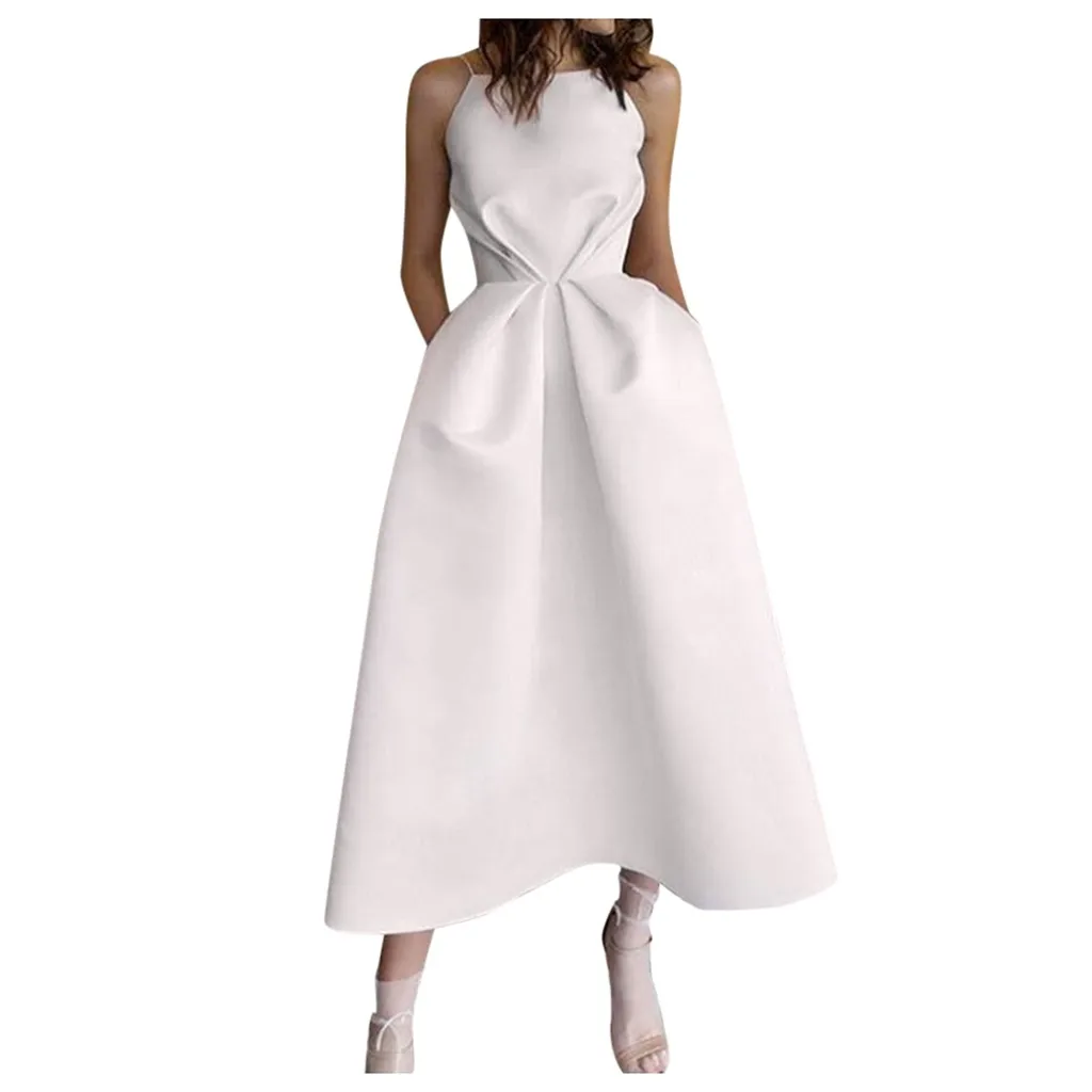 Женское винтажное платье без рукавов белое с круглым вырезом на тонких бретелях