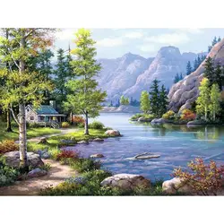 100% полностью 5D Diy Daimond картина "Дерево и озеро и домик" 3D Алмазная живопись круглые стразы алмазная живопись Вышивка пейзаж