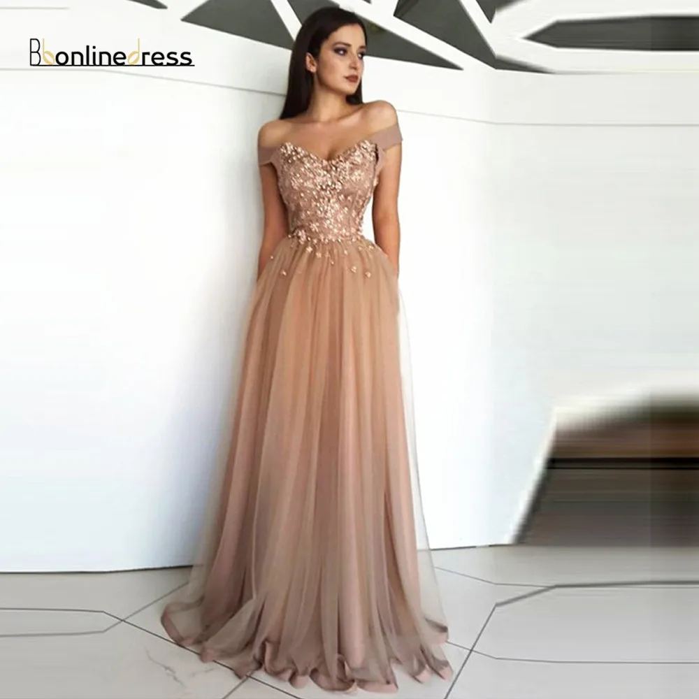 Champagne Prom Dresses 2019 Off the Shoulder Tulle Lace Flowers Party Maxys Long Prom Gown Evening Dresses Robe De Soiree