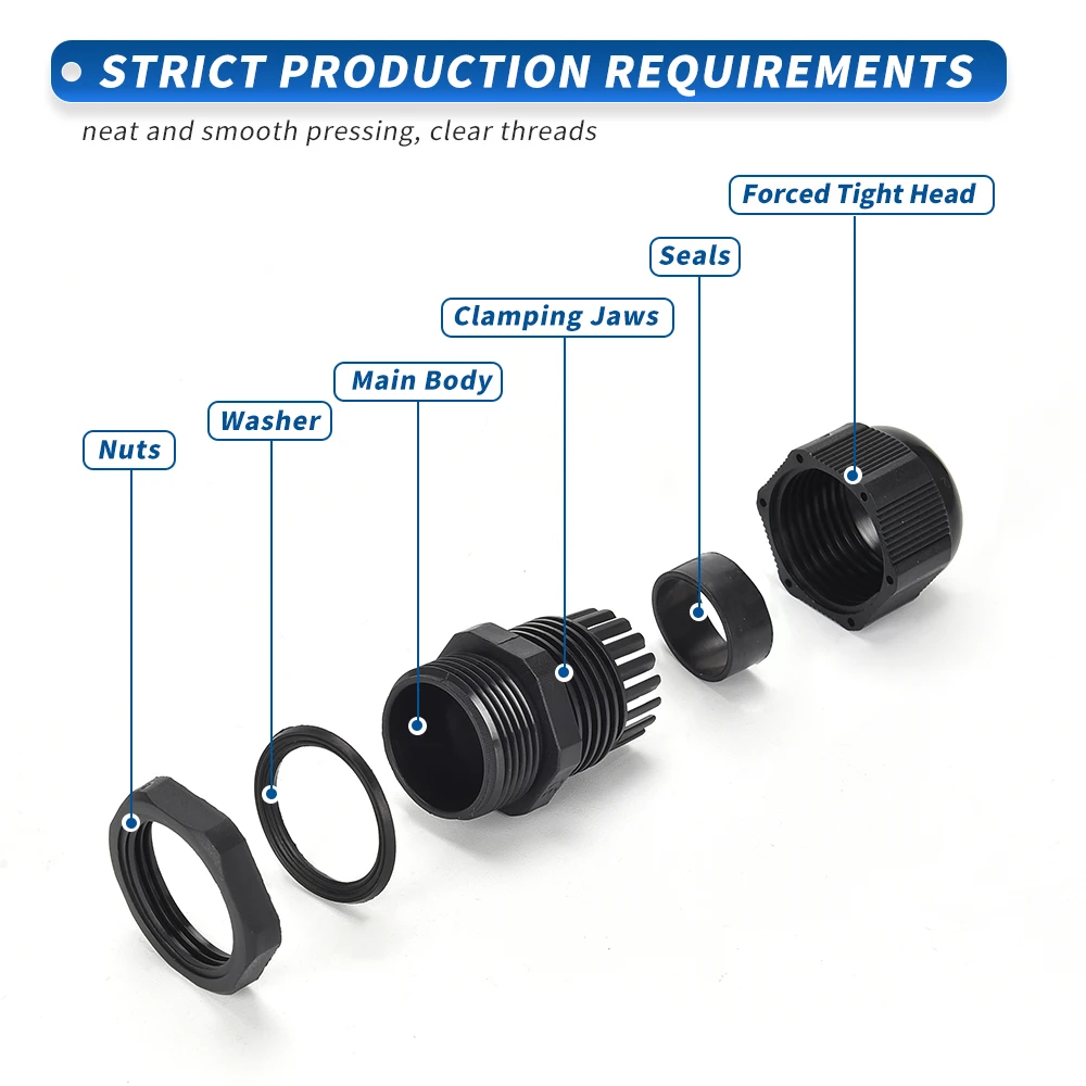 CG 50PCS Waterproof Cable Gland PG7 PG9 PG11 PG13.5 PG16 PG19 Plastic Black Cable Fixing Joint With Gasket Range For 3-15mm Set