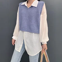 Окруточная Для женщин без рукавов пуловер осень корейский стиль, в консервативном стиле, однотонная жилетка с v-образным вырезом, короткий вязаный шерстяной свитер, жилет T381