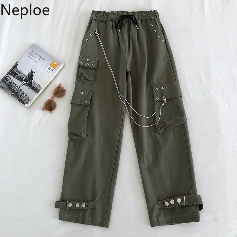 Neploe BF стильные женские брюки, одноцветные карманы, цепь, тянущаяся талия, брюки, корейская мода, высокая талия, длина до лодыжки, брюки 80440
