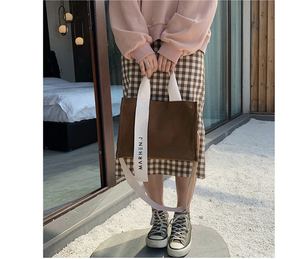 Women Fashion Canvas Shoulder Bag Large Capacity Female Big Tote Handbag Folding Reusable Shopping Bags Thin Strap Cloth Bags