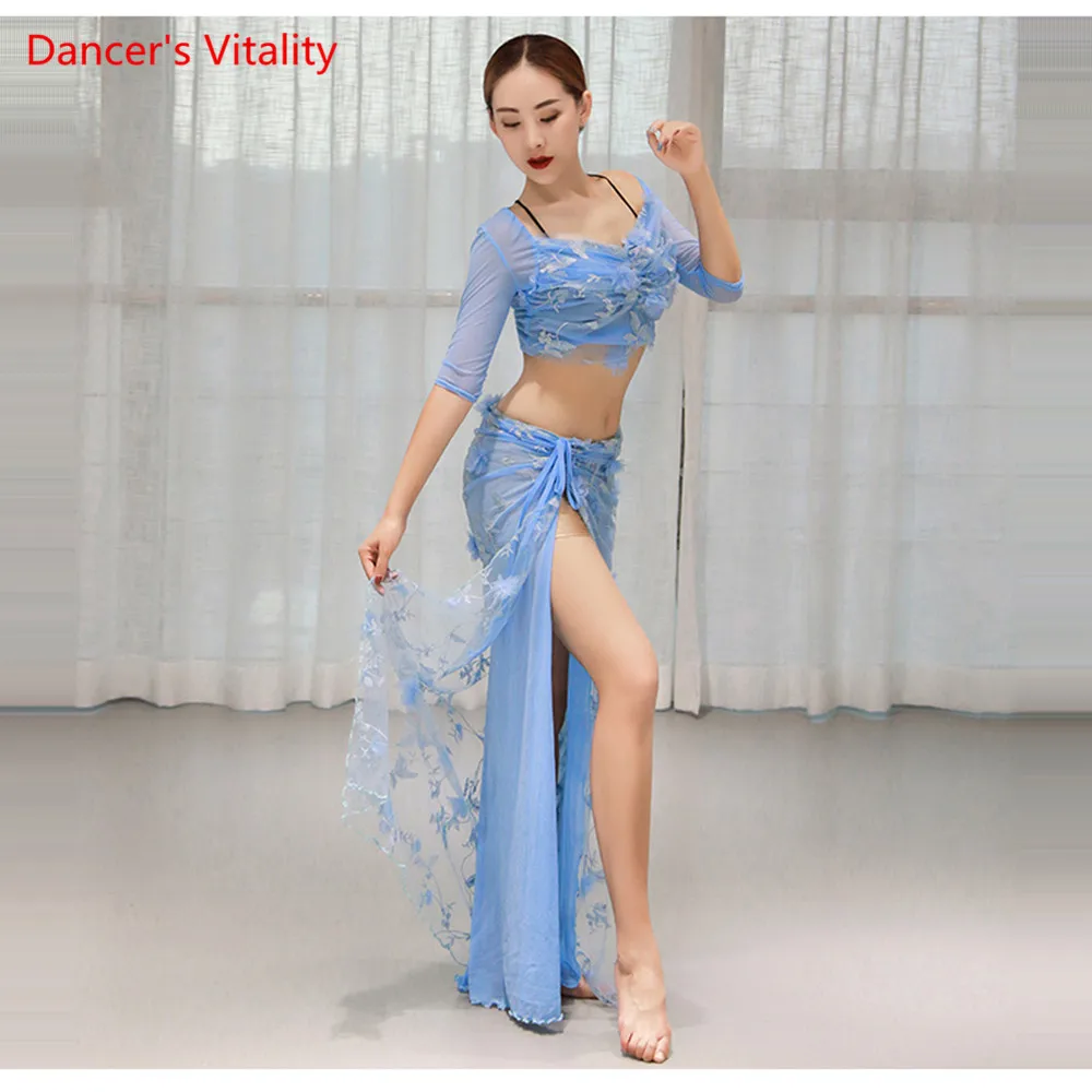 Удобный сетчатый костюм для танца живота для женщин, комплект из 2 предметов, топ, разрез сбоку, юбка для восточных танцев, платье с коротким рукавом