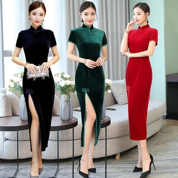

Chinese style collar Winter long section velvet Qipao retro national wind dinner dress slim Daily Party Women cheongsam Derss