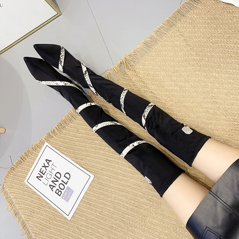 

Pointy Boot Women's Winter High Boots Booties Ladies Autumn Shoes Snake Print Chunky Heel Lace Up Bootee Woman 2019 Pointe