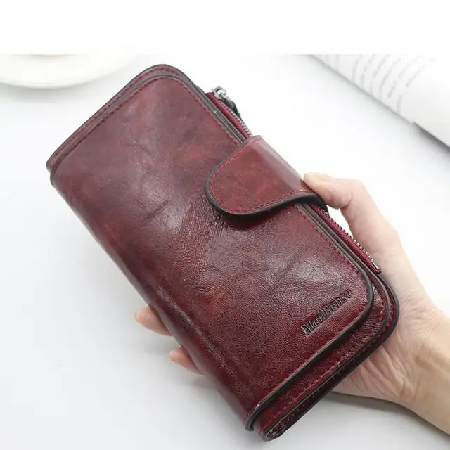 Women's wallet made of leather Wallets Three fold VINTAGE Womens purses mobile phone Purse Female Coin Purse Carteira Feminina Dark red