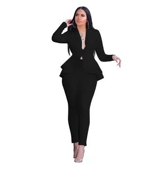 

Plus Size V-Neck Tops High Waist Pants Set Office Lady Women Long Sleeve Ruffles Tracksuit Two Piece Suit Solid Casual Outfits