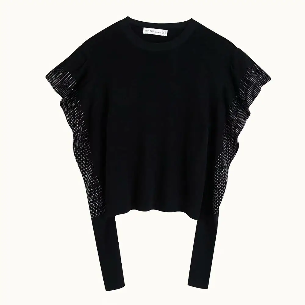 BB117 black 9664 Дропшиппинг Мода O образным вырезом pull femme пуловер тонкий офис sweter Винтаж черный кардиган с воланами для женщин - Цвет: BB117 black 9664