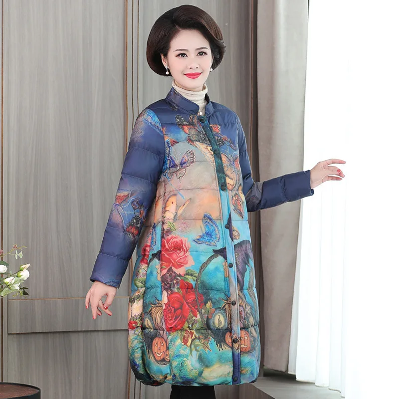 

Middle-aged Mom Winter Coat Women's 2018 New Style down Jacket Cotton-padded Clothes Mid-length Printed over-the-Knee Casual War