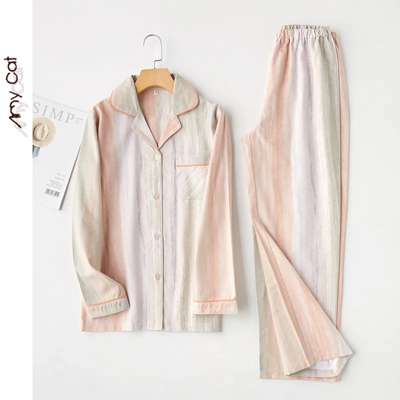 

New 100% Cotton Leisure Water Rhyme Printing Pajamas Women Long Sleeve Stripe Lapel Sleepwear Spring Loungewear Home Clothes