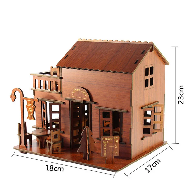 

Wooden Coffee Shop Puzzles Diy 3D Cafe House Model Kids Building Toy Mini Home Decor Gift
