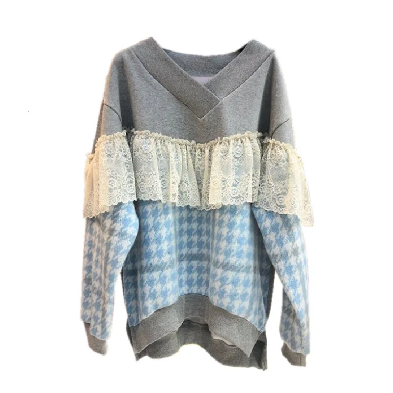 [EWQ] Spring New V-neck Lace Stitching Hit Color Thick Warm Warm Pullovers Knitted Top Korea Loose Plaid Sweatshirt QZ093