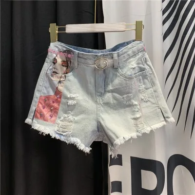 light blue Высокая уличная джинсовые шорты женские летние расшитые бисером Высокая талия рваные дырки колледж горячие брюки милые Светло синие короткие джинсы S-2XL - Цвет: light blue