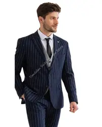 Navy Blue Stripe Jacket Pants Men Suits Sets Tuxedo Wedding Party Wear 3Pcs Tailor-made Blazer Trousers Grey Vest Male Clothing