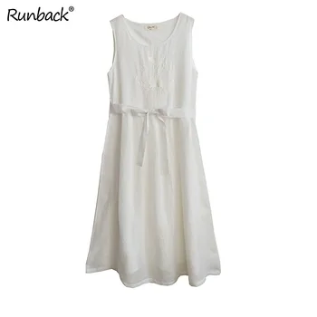 

Runback White Sundress Club Dress Linen Sashes Embroidery Flowing A-line O-neck Sleeveless Long Elegant Maxi Vest Dresses Women