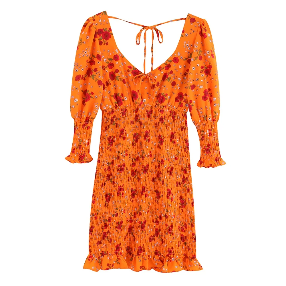Summer new French retro Chiffon folded seven-minute sleeve-wrapped buttock short dress with dew back
