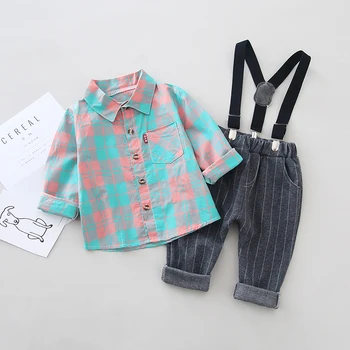 

Spring Kids Costumes Boys Clothes Set Children's Fashion Brand Plaid Shirt + Overalls 2pcs Baby Kids Clothing Sets Boy Outfits