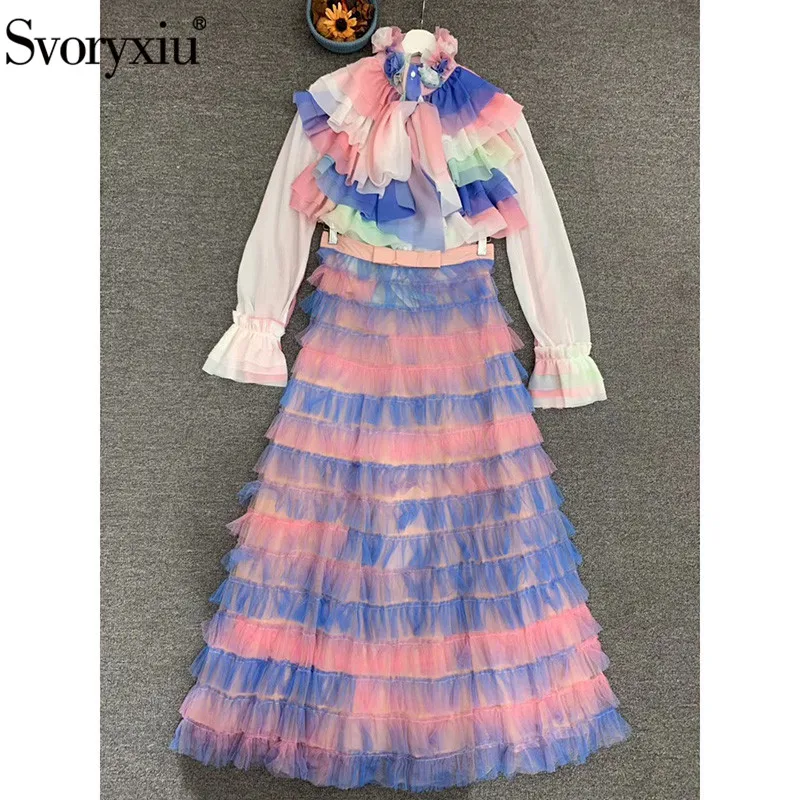 

Svoryxiu Fashion Designer Autumn Skirt Suit Women Elegant Flared Sleeves Tiered Ruffles Colourful Blouse + Tulle Maxi Skirt Set
