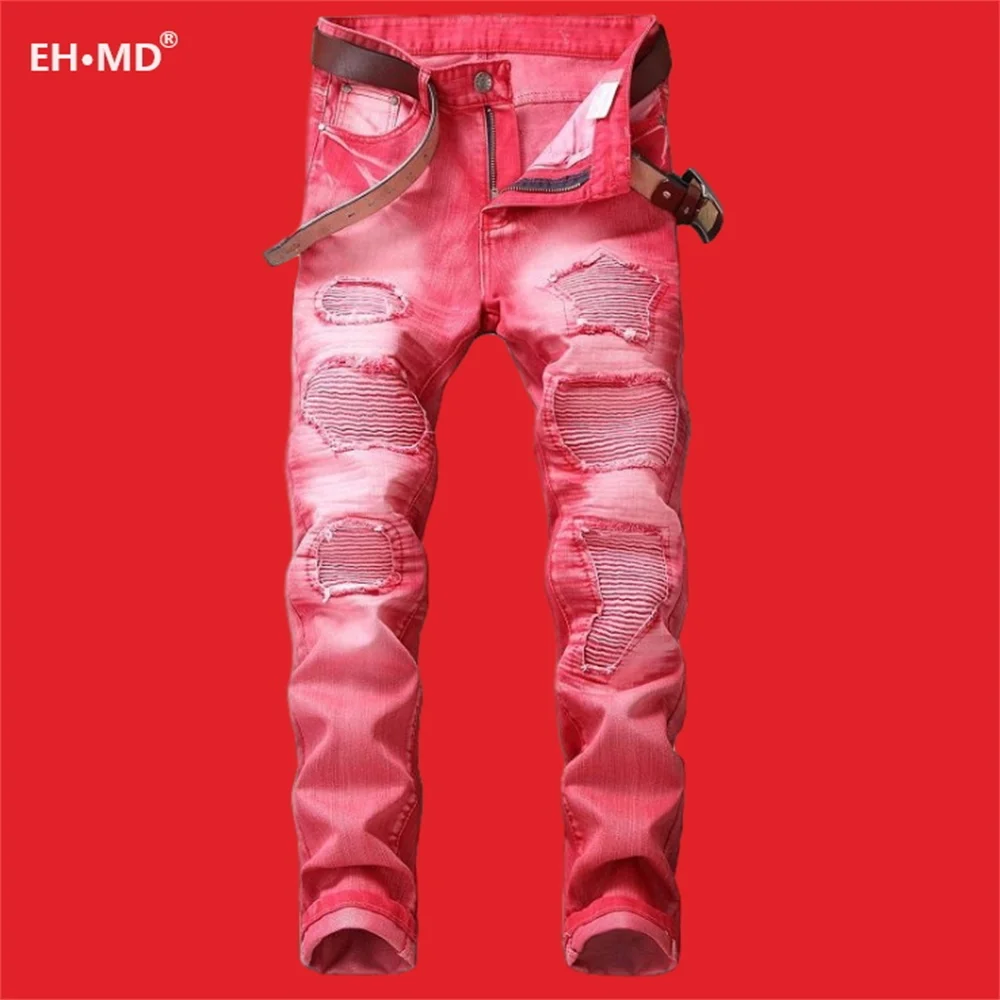 EH · MD® Pleated Hole Patch Red Jeans Men's Cotton Soft Small Straight High Street Personalized Slim Pants Motorcycle 2020 New