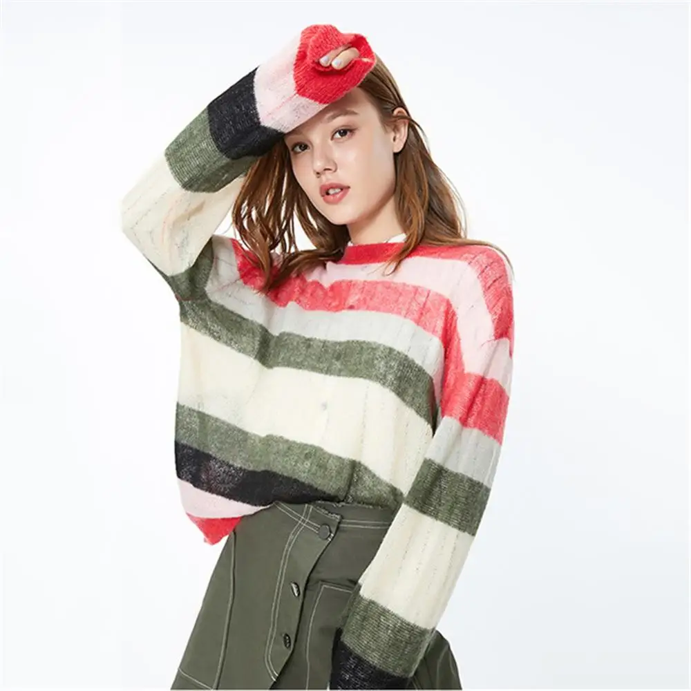 2020 ZA Fashion New Ladies Multicolor Loose Sweater Spring Stitching Boho Women's Long Sleeve Round Neck Party | Женская одежда