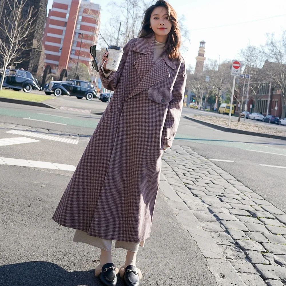 

Photo Shoot 2018 Winter New Style Retro Laziness-Style over-the-Knee Long Slit Plaid Woolen Overcoat Woolen Jacket Women's