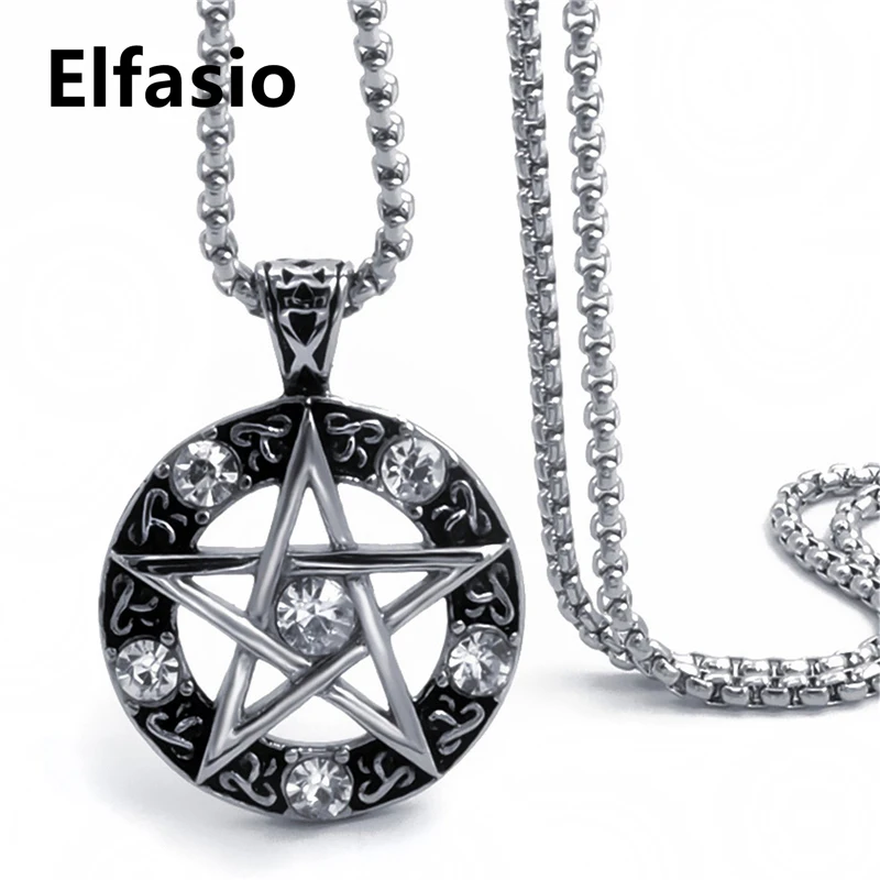 Elfasio Celtic Wicca Pentagram Star Men Women Stainless Steel Necklace Blue/Red/Black/White/Purple Amulet Pendant Chain 4
