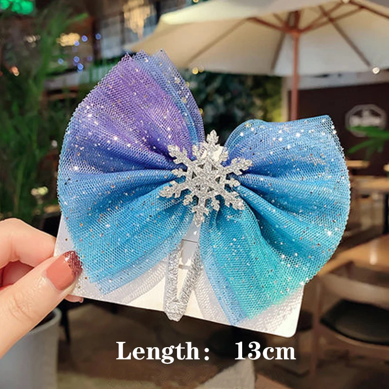 Девочки синяя Блестящая лента бант заколки для волос Рождество Снежинка аксессуары для волос для женщин дети принцесса хрустальные заколки резинки для волос - Цвет: Bow-BB Clip