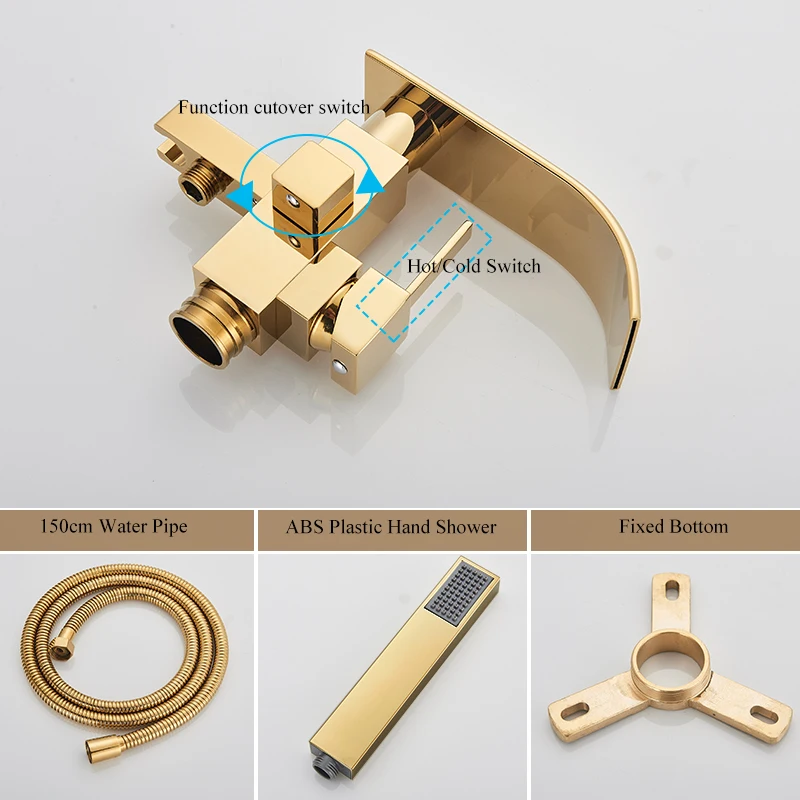 Golden Waterfall Bathtub Shower Faucets Floor Standing Faucet Hot Cold Water Shower Mixer Tap Square Tube Mixer Held Shower 5