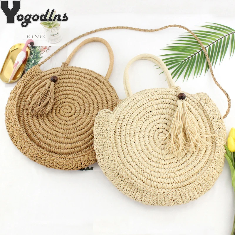 

New round fringed straw bag shoulder versatile casual handbags paper rope woven bag beach bag