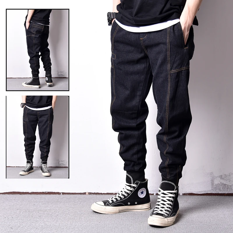 

Japanese Fashion Men Jeans Slack Bottom Vintage Designer Harem Jeans Men Multi Pockets Spliced Cargo Pants Hip Hop Jeans Homme
