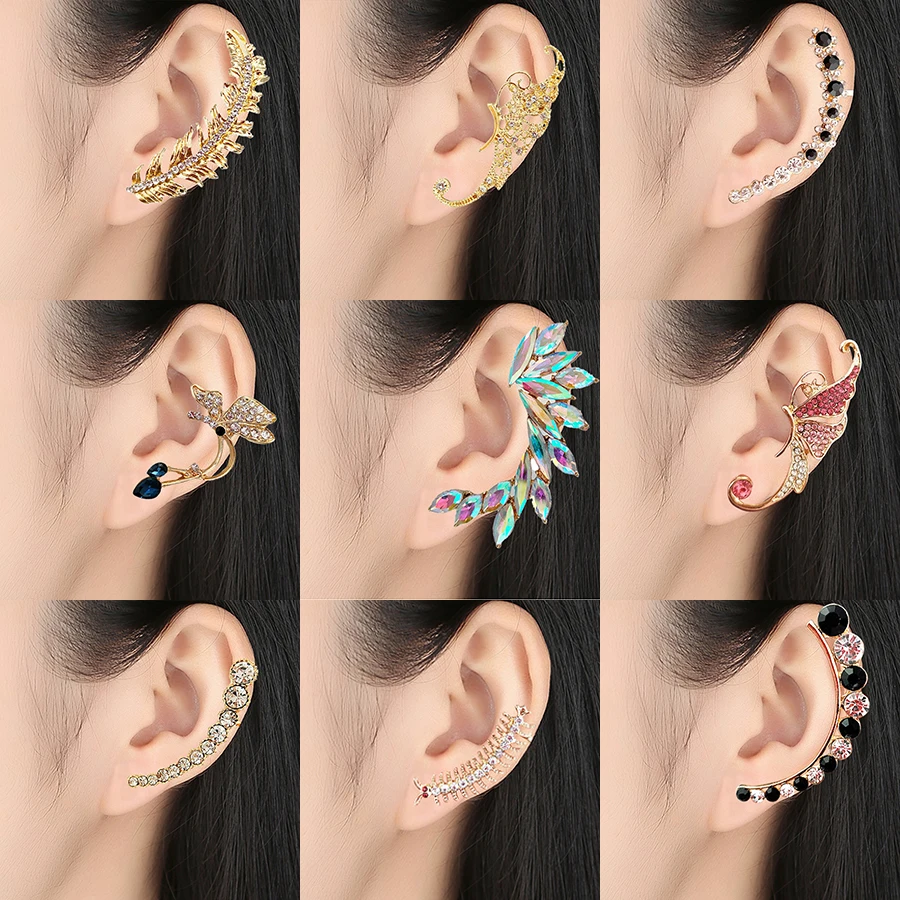 Ear Clip Earrings Clip Earrings Ear Clip Stud Earrings Ear Accessories 1Pcs Punk Rock Rhinestone Crystal Ear Cuff Wrap Stud Earring Women Cartilage Piercing Jewelry Ear Clips Earrings 3 Colors