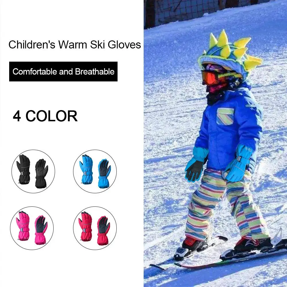 Детские лыжные перчатки с пятью пальцами, одноцветные, водонепроницаемые, ветрозащитные, Нескользящие, зимние, теплые