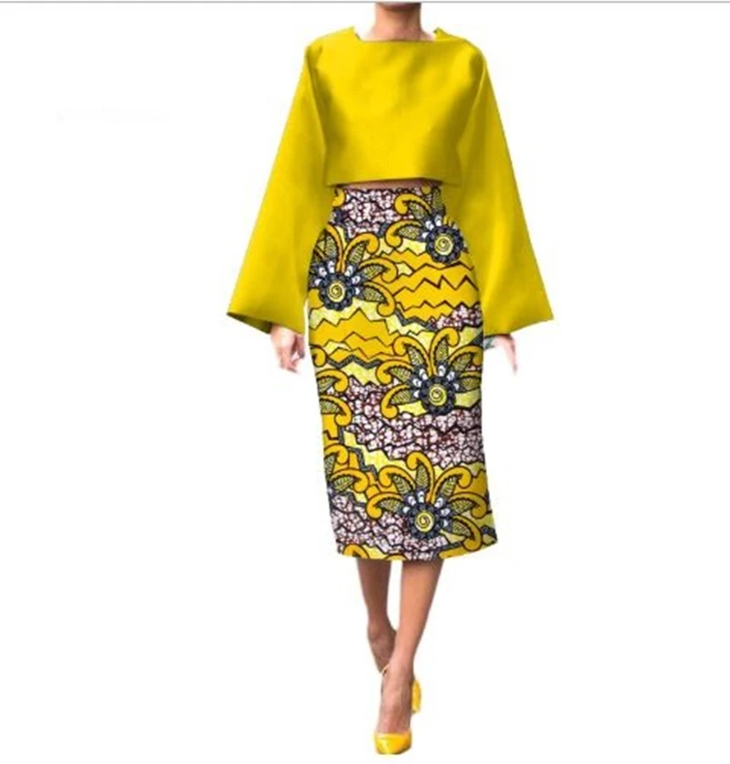 

African Long Sleeve Print Tops and Skirt Sets for Women Bazin Riche African Clothing 2 Pieces Customize Skirts Sets