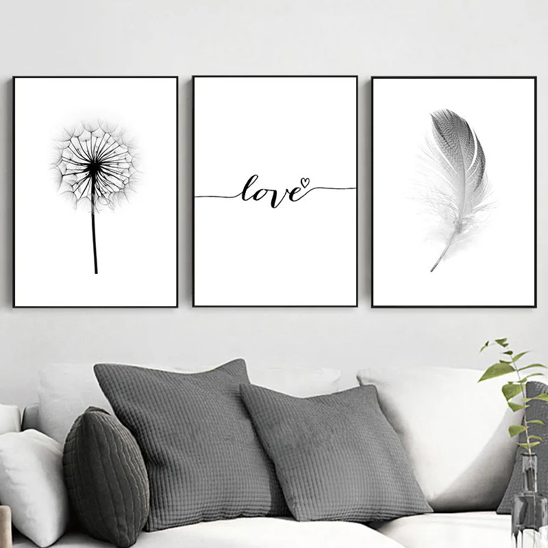 

Nordic Black White Dandelion Feather Posters And Prints Letter Love Wall Art Canvas Painting Home Picture Wall Decoration YX083