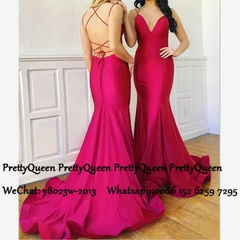 

Fuchsia Mermaid Prom Dresses 2020 Sexy Criss Cross Back Spaghetti Strap Vestido De Festa Long Sweep Train Evening Dress Gown