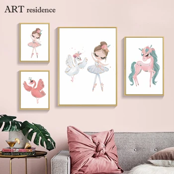 

Wall art painting decoration poster lovely Ballerina girl, unicorn, black swan pattern for girls baby children room decoration