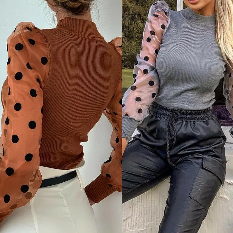 Newest Fashion Sexy Women Ladies Puff Mesh Sleeve Tops Pullover Sweater Loose Jumper Tops Hot Sale