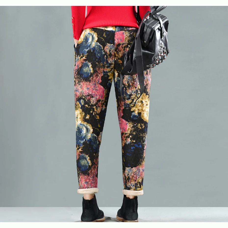 Женские штаны с хлопковой подкладкой, плотные штаны для осени и зимы, большие длинные свободные штаны с цветочным принтом в стиле ретро, винтажные модные повседневные штаны AZ38192521