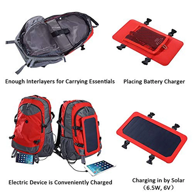 Solar Backpack With Removable Solar Panel Multifunctional Solar Bag For Travel Camping Hiking Red