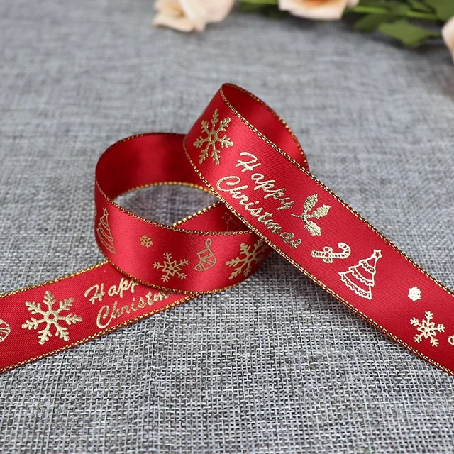 5 Yards 25mm Bronzing Christmas Ribbon Printed Polyester Ribbon For Christmas Decoration Gift Wrapping DIY Sewing Fabric C1
