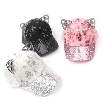 

New Girls Children Sequins Print Caps Hats Child Adjustable Sun Protection Casual Cat Ear Design Visors