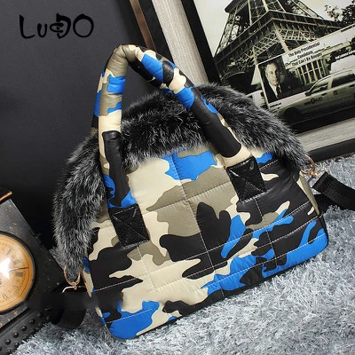 LUCDO Brand Luxury Handbag New Winter Woman Warm Space Cotton Shell Bags Designer Rabbit Fur Bag Ladies Jacket Shoulder Bag - Цвет: Blue camouflage