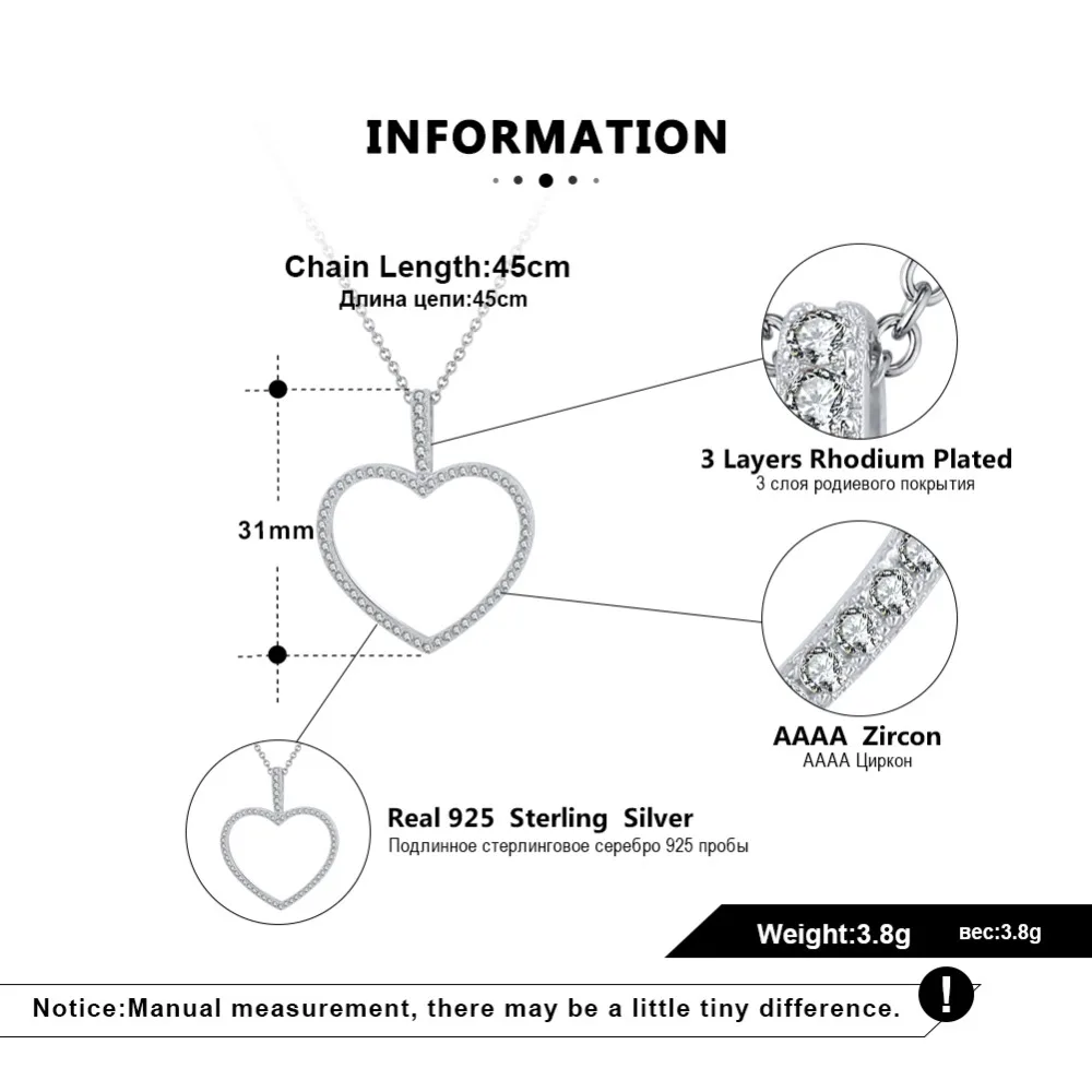 Effie queen AAAA кубический циркон романтическая Подвеска Ожерелье 925 пробы серебро с большим сердцем форма для женщин ювелирный подарок BN190
